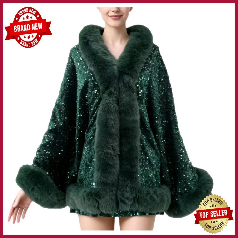 Faux Fur Shawl Wrap Poncho Cape Sequin Pashmina Winter Warm
